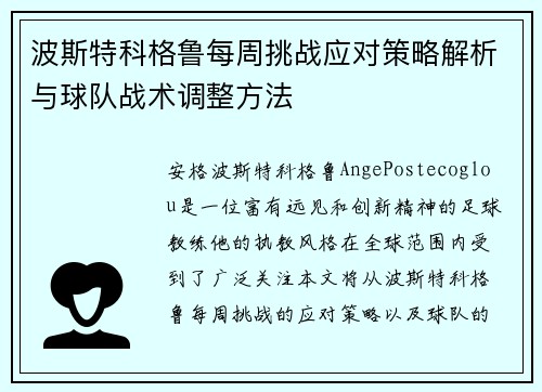 波斯特科格鲁每周挑战应对策略解析与球队战术调整方法