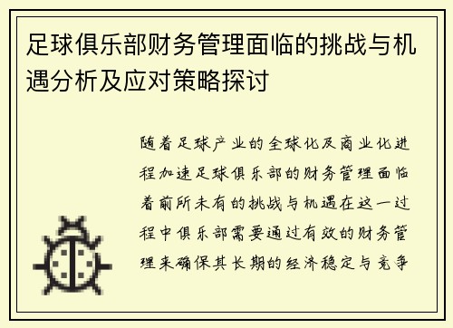 足球俱乐部财务管理面临的挑战与机遇分析及应对策略探讨