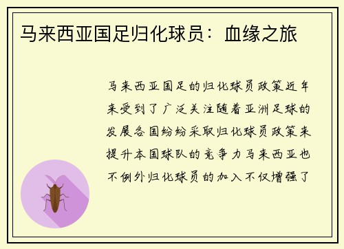 马来西亚国足归化球员:血缘之旅